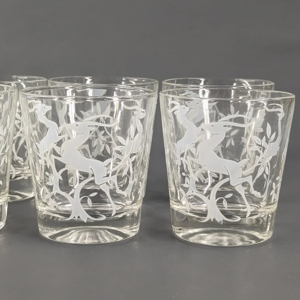 Vintage Frosted White Gazelle Rocks Glasses Set of 8 Mid Century Barware 3.25in